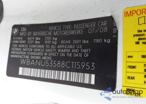 2008 BMW 528I z USA, uszkodzony, nr VIN WBANU53588C115953